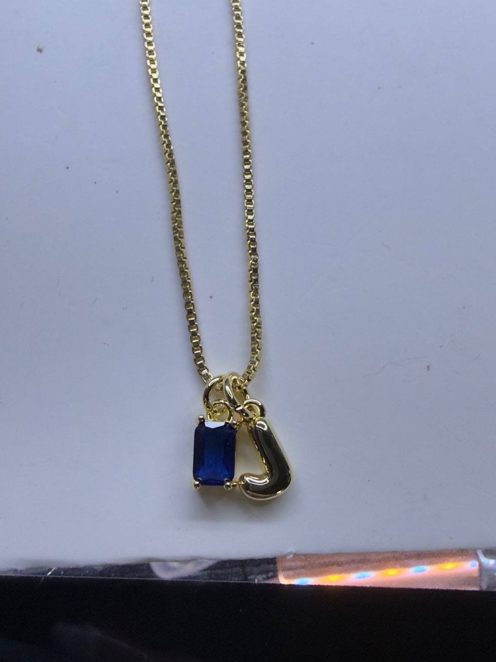 Gold Pendant Necklace with Blue Rectangular Gemstone Initial “J” 🌺